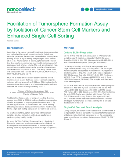Application Note: Facilitation of Tumorsphere Formation Assay by Isolation of Cancer Stem Cell Markers and Enhanced Single Cell SortingCell Markers and Enhanced Single Cell Sorting