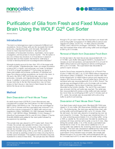 Application note: Purification of Glia from Fresh and Fixed Mouse Brain Using the WOLF G2 Cell Sorter