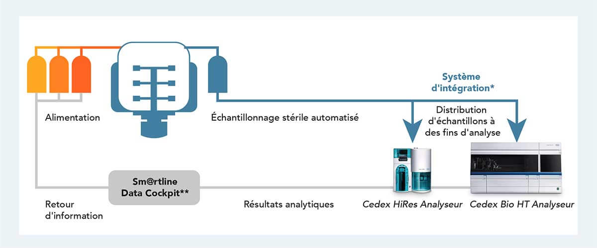 Vue d'ensemble schématique de l'intégration du système automatisé des analyseurs Cedex HiRes et Cedex BioHT