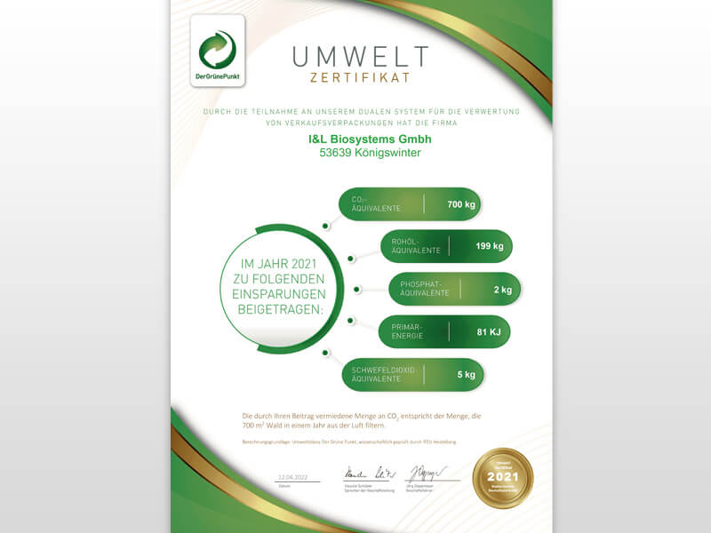 environmental certificate from Green Dot for I&L Biosystems